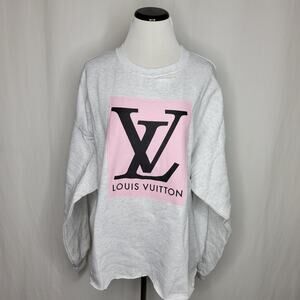 Designer-Ish Gray Pink Patch Distressed Sweatshirt NEW 2XL